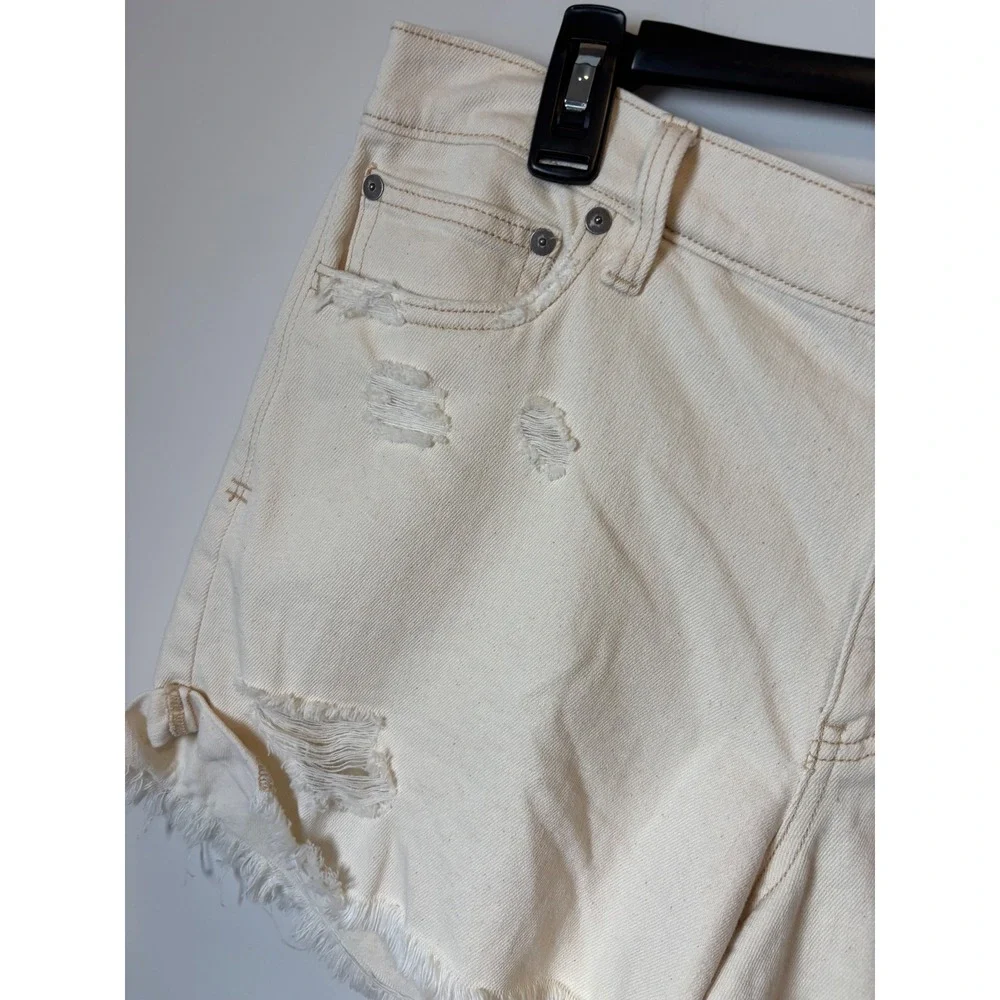 Aerie Womens Distressed Denim Shorts Cream Off White High Waisted Size L